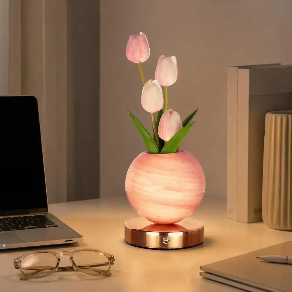 Led Table Lamp Rechargeable Desk Light Tulip Ceramic Night Light Gradient Color Artificial Flower Lamp Rechargeable for Bedroom