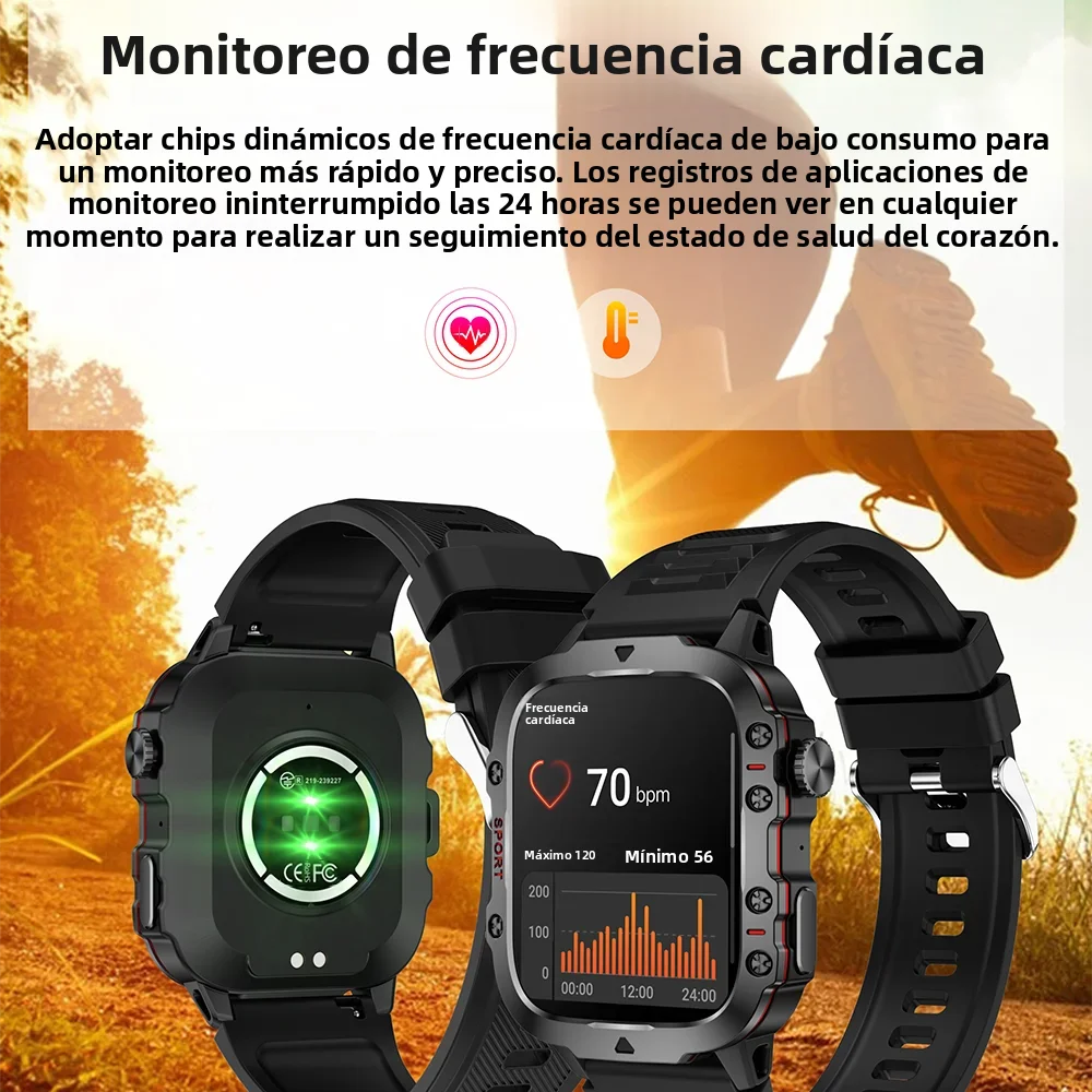 Reloj inteligente militar original con llamadas inalámbricas y funciones de fitness; resistente al agua (IP68, apto para natación) y deportivo, compatible con iOS y Android (modelo 2026).
