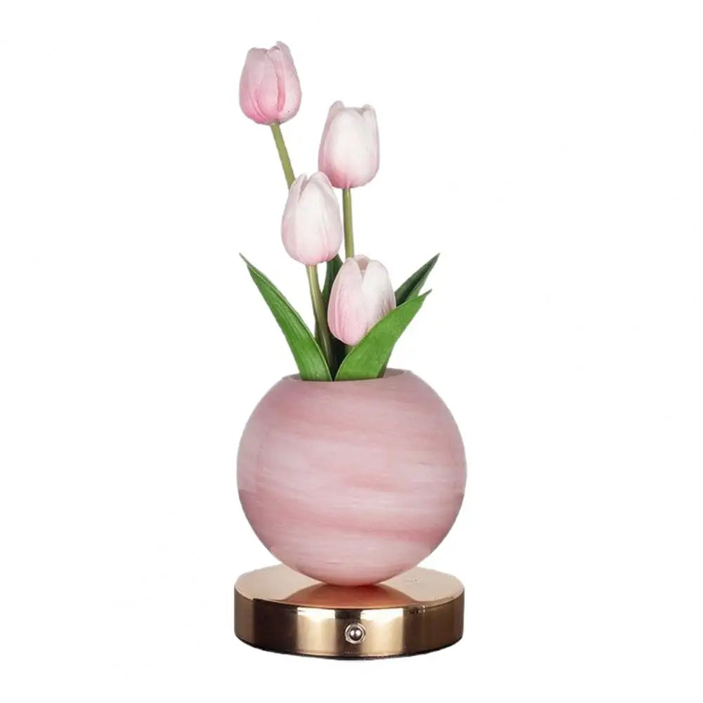 Led Table Lamp Rechargeable Desk Light Tulip Ceramic Night Light Gradient Color Artificial Flower Lamp Rechargeable for Bedroom