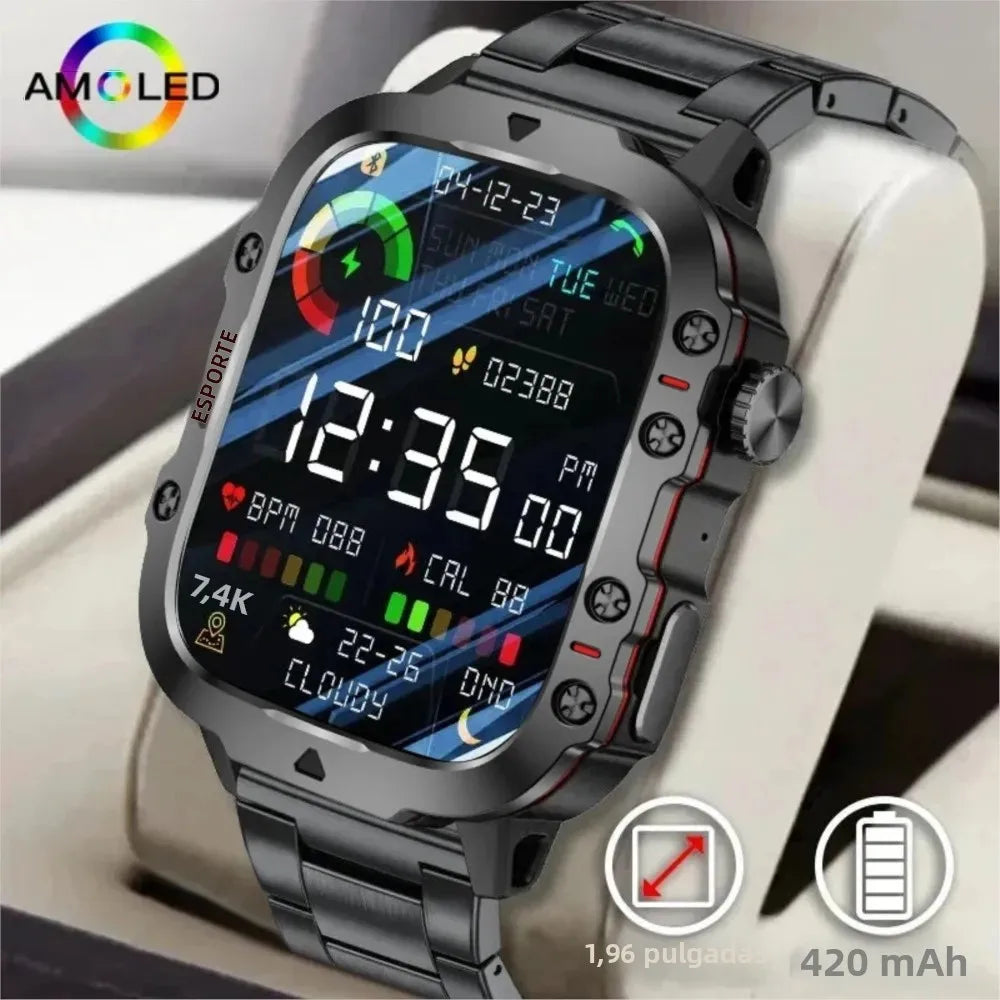 Reloj inteligente militar original con llamadas inalámbricas y funciones de fitness; resistente al agua (IP68, apto para natación) y deportivo, compatible con iOS y Android (modelo 2026).