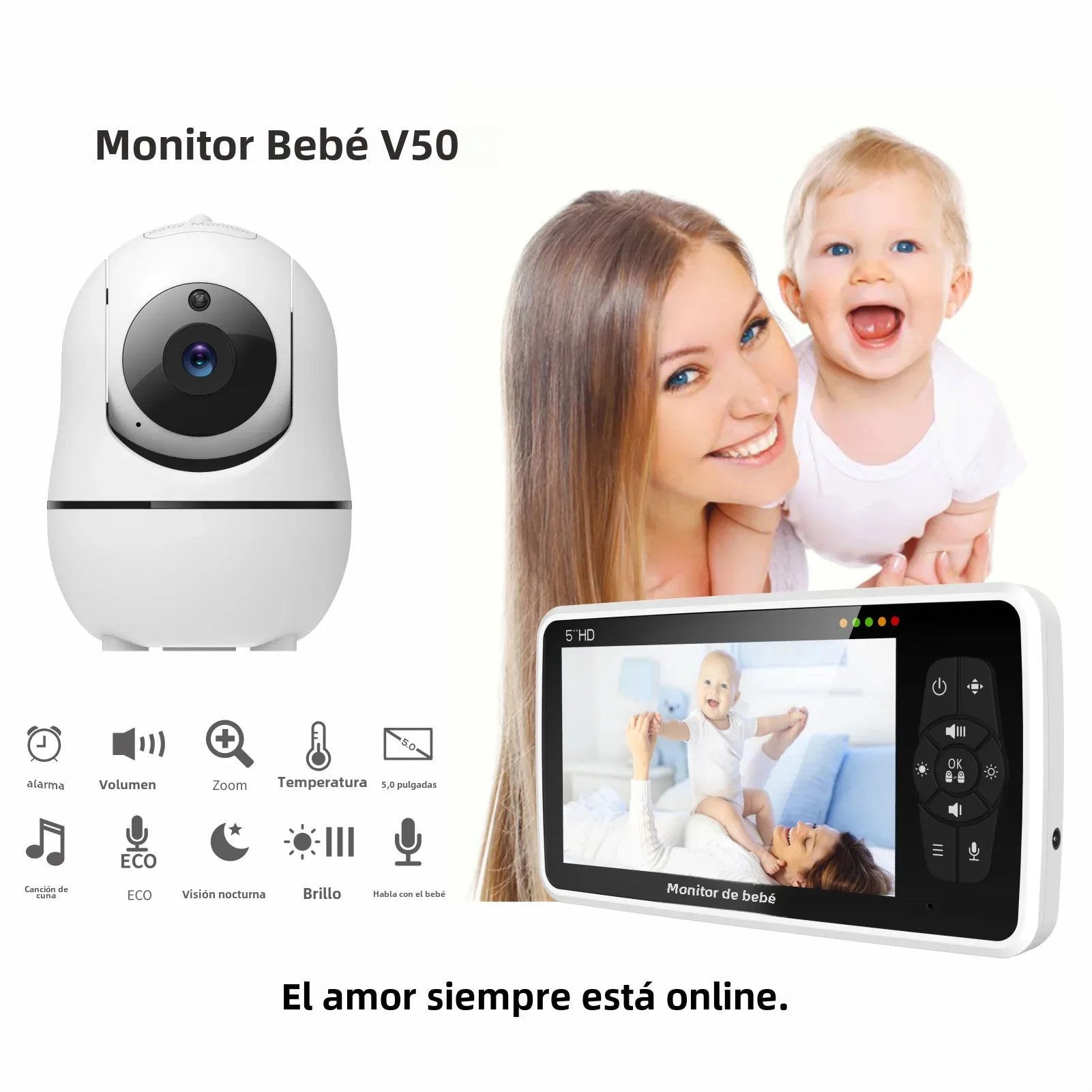 Nuevo monitor de vídeo para bebés de 5 pulgadas con cámara y audio, zoom 4x, batería de 22 horas, alcance de 300 metros (1000 pies), audio bidireccional, sensor de temperatura y nanas.