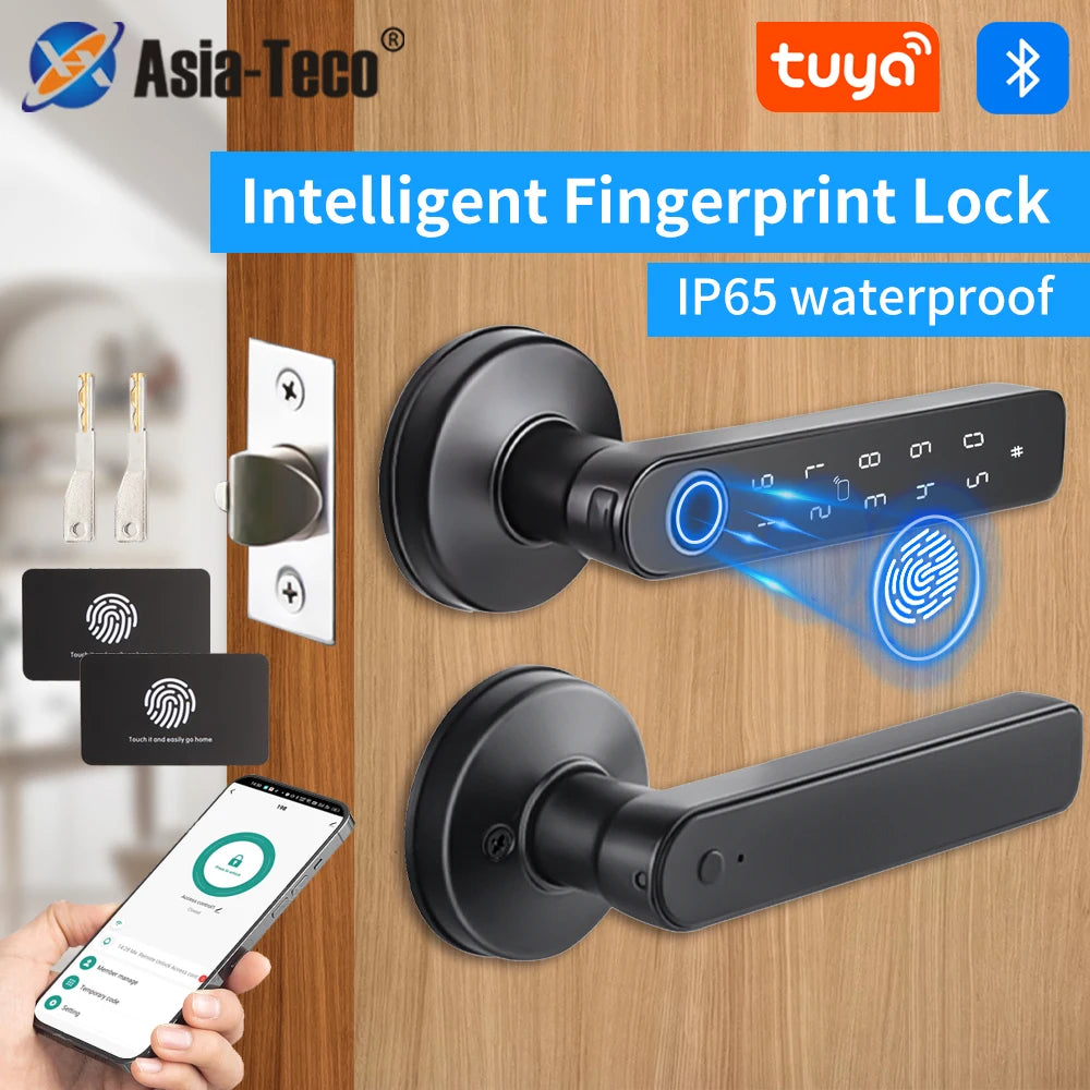 Cerradura inteligente M5 Tuya BLE con lector de huellas dactilares; cerradura electrónica digital con desbloqueo mediante contraseña, llave, tarjeta IC (opcional) o aplicación Smart Life/Tuya.