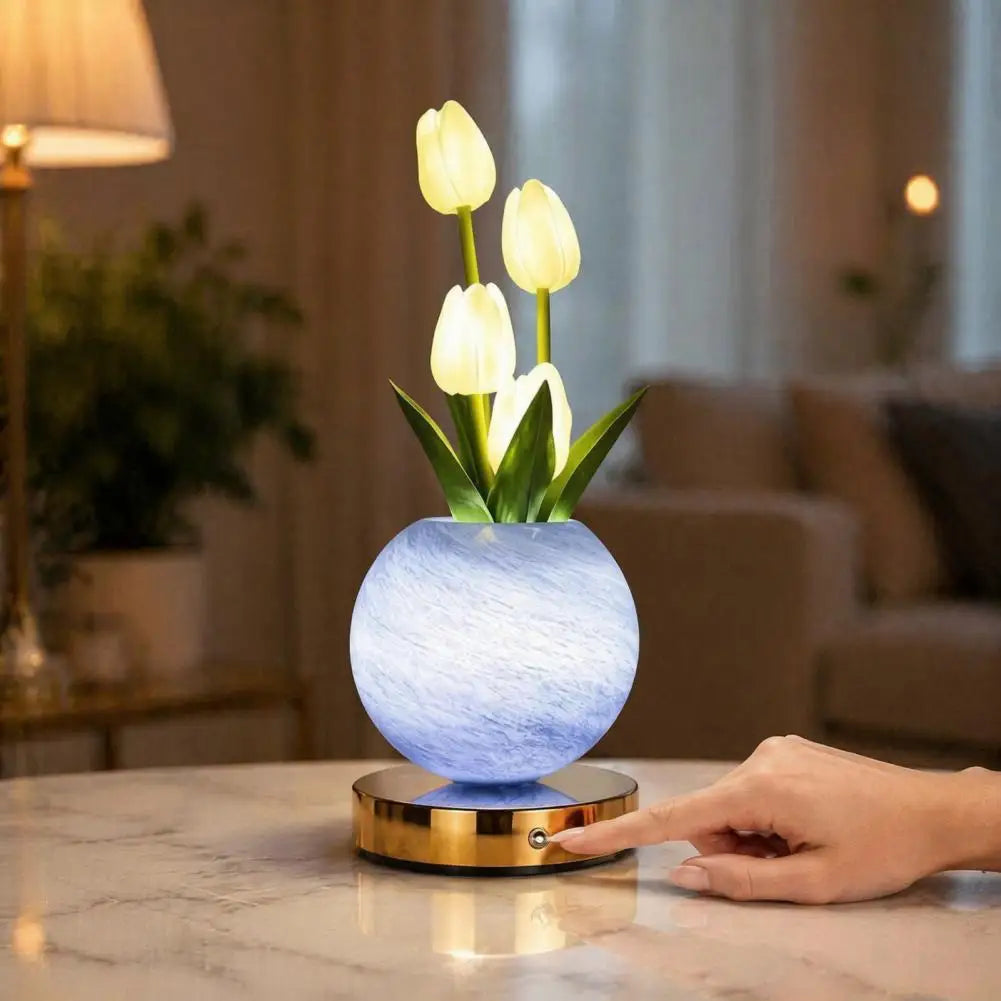 Led Table Lamp Rechargeable Desk Light Tulip Ceramic Night Light Gradient Color Artificial Flower Lamp Rechargeable for Bedroom