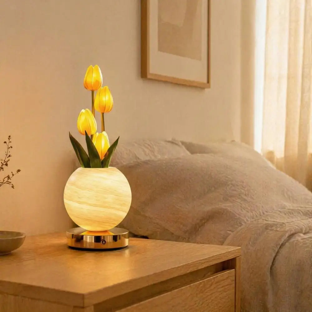 Led Table Lamp Rechargeable Desk Light Tulip Ceramic Night Light Gradient Color Artificial Flower Lamp Rechargeable for Bedroom