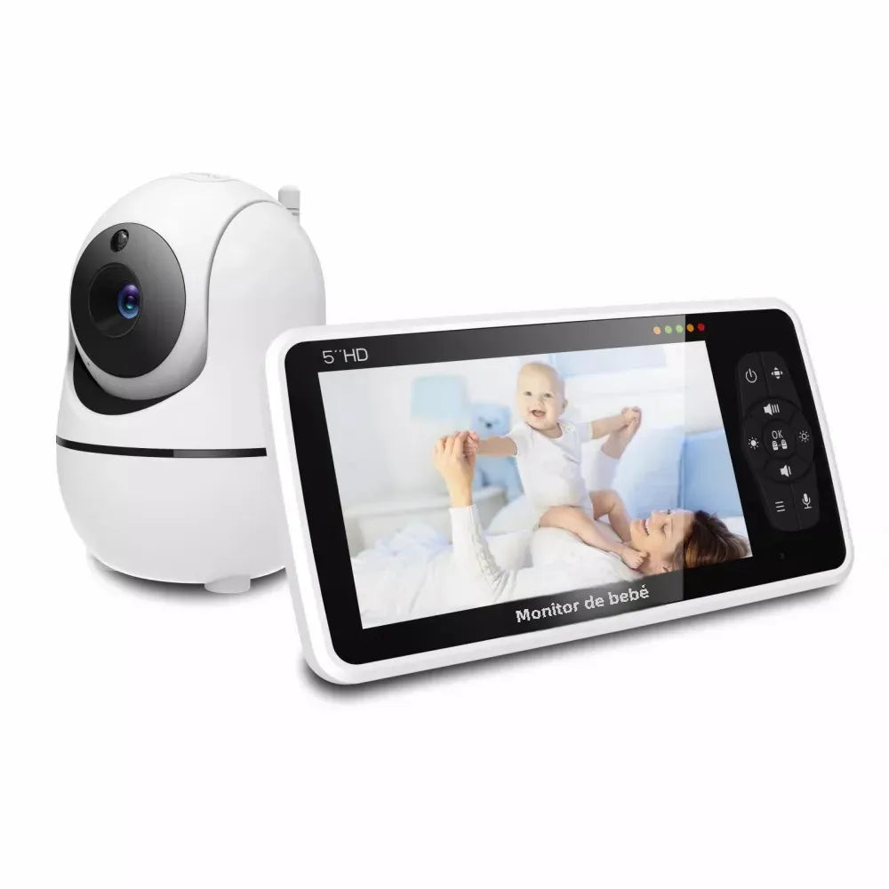 Nuevo monitor de vídeo para bebés de 5 pulgadas con cámara y audio, zoom 4x, batería de 22 horas, alcance de 300 metros (1000 pies), audio bidireccional, sensor de temperatura y nanas.