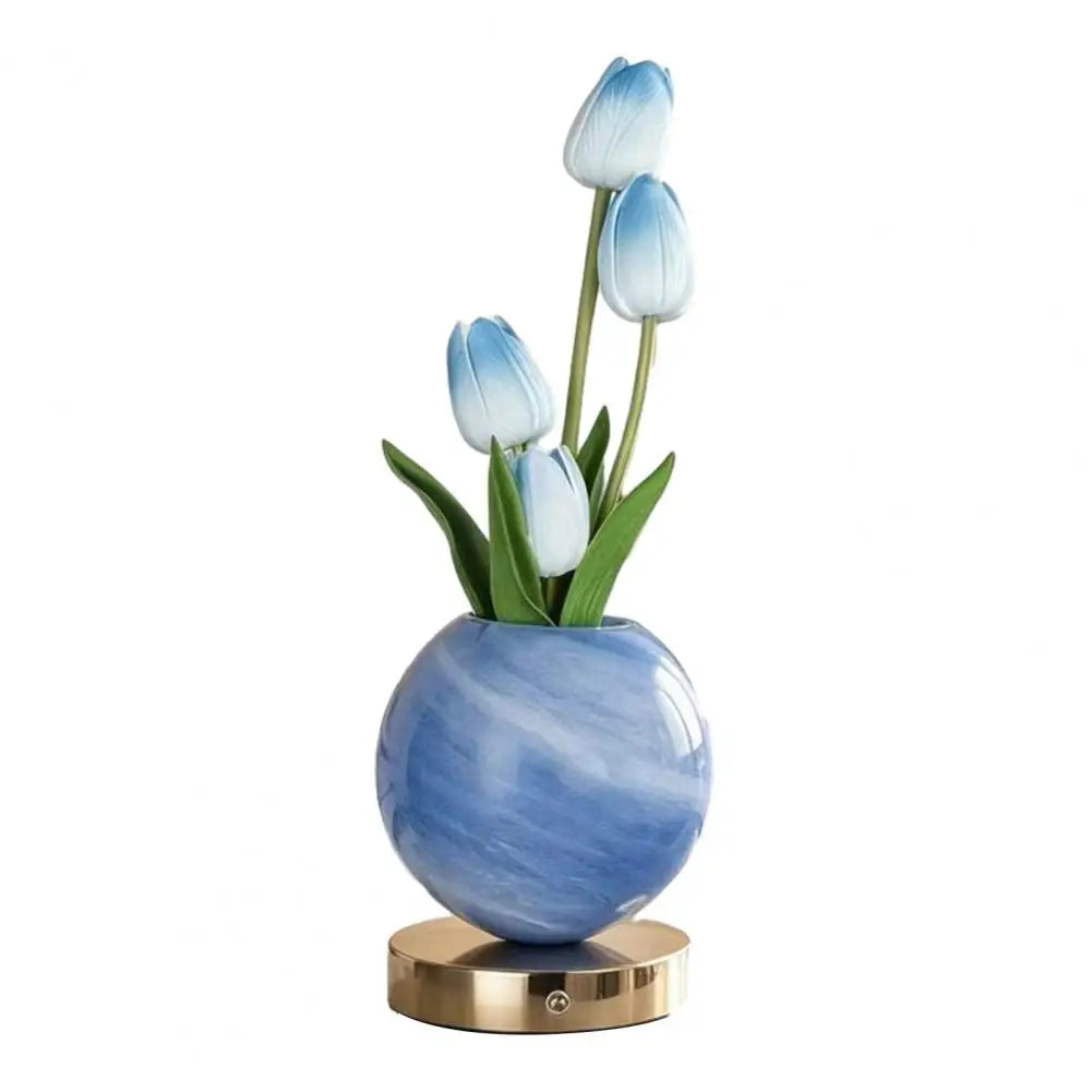 Led Table Lamp Rechargeable Desk Light Tulip Ceramic Night Light Gradient Color Artificial Flower Lamp Rechargeable for Bedroom
