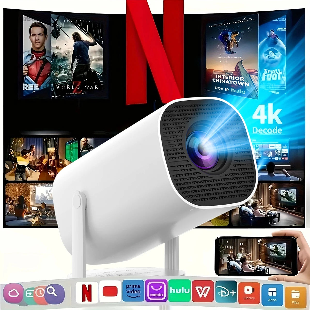 Nuevo proyector portátil con WiFi 6 y Wireless 5.0, 720P nativo, compatible con 4K, proyector inteligente, pantalla ajustable, rotación de 180°, B