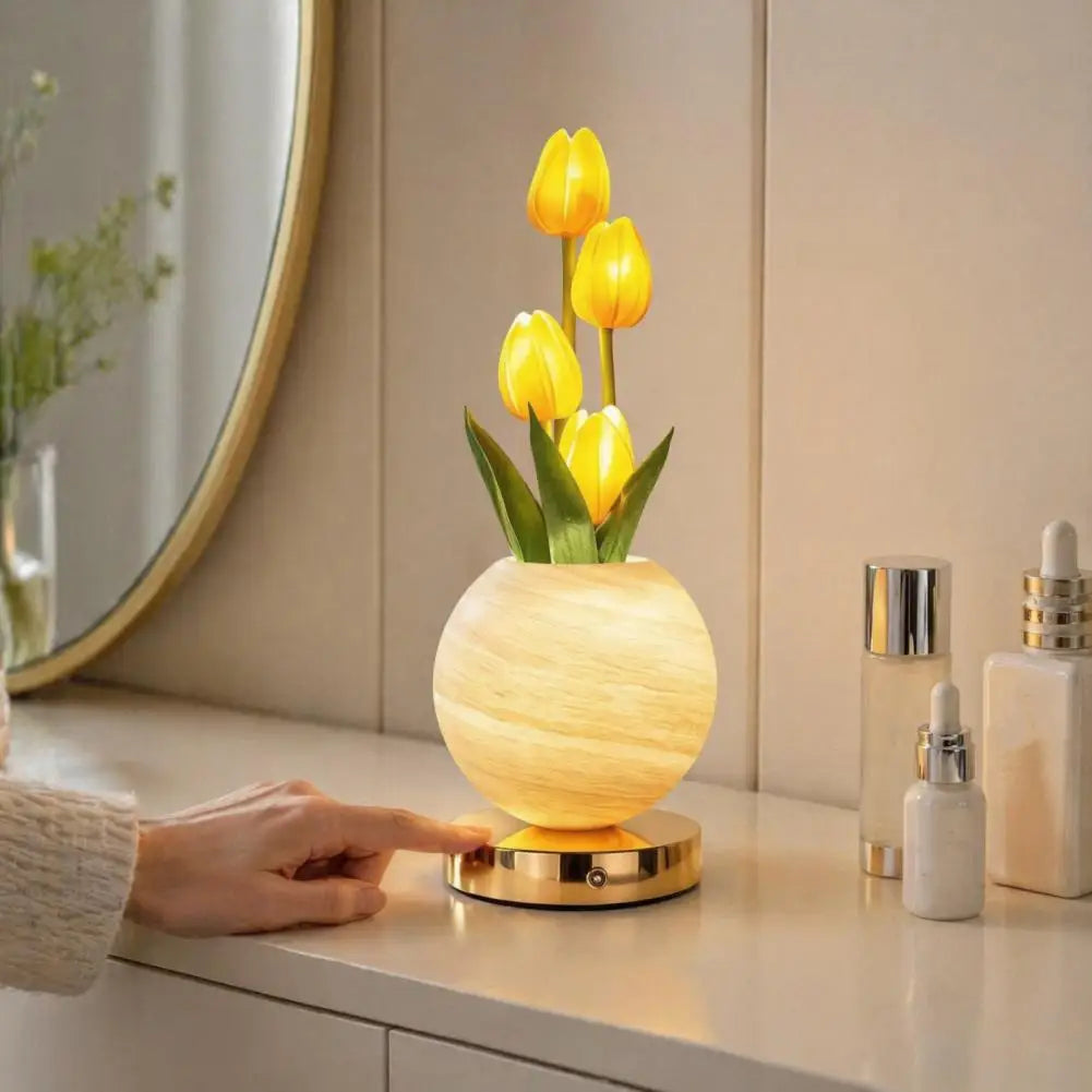 Led Table Lamp Rechargeable Desk Light Tulip Ceramic Night Light Gradient Color Artificial Flower Lamp Rechargeable for Bedroom