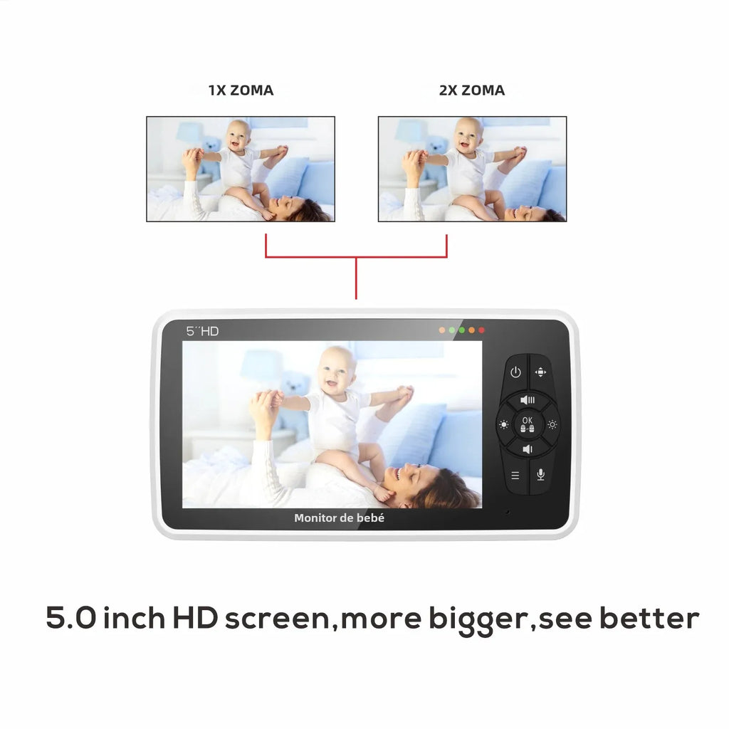 Nuevo monitor de vídeo para bebés de 5 pulgadas con cámara y audio, zoom 4x, batería de 22 horas, alcance de 300 metros (1000 pies), audio bidireccional, sensor de temperatura y nanas.