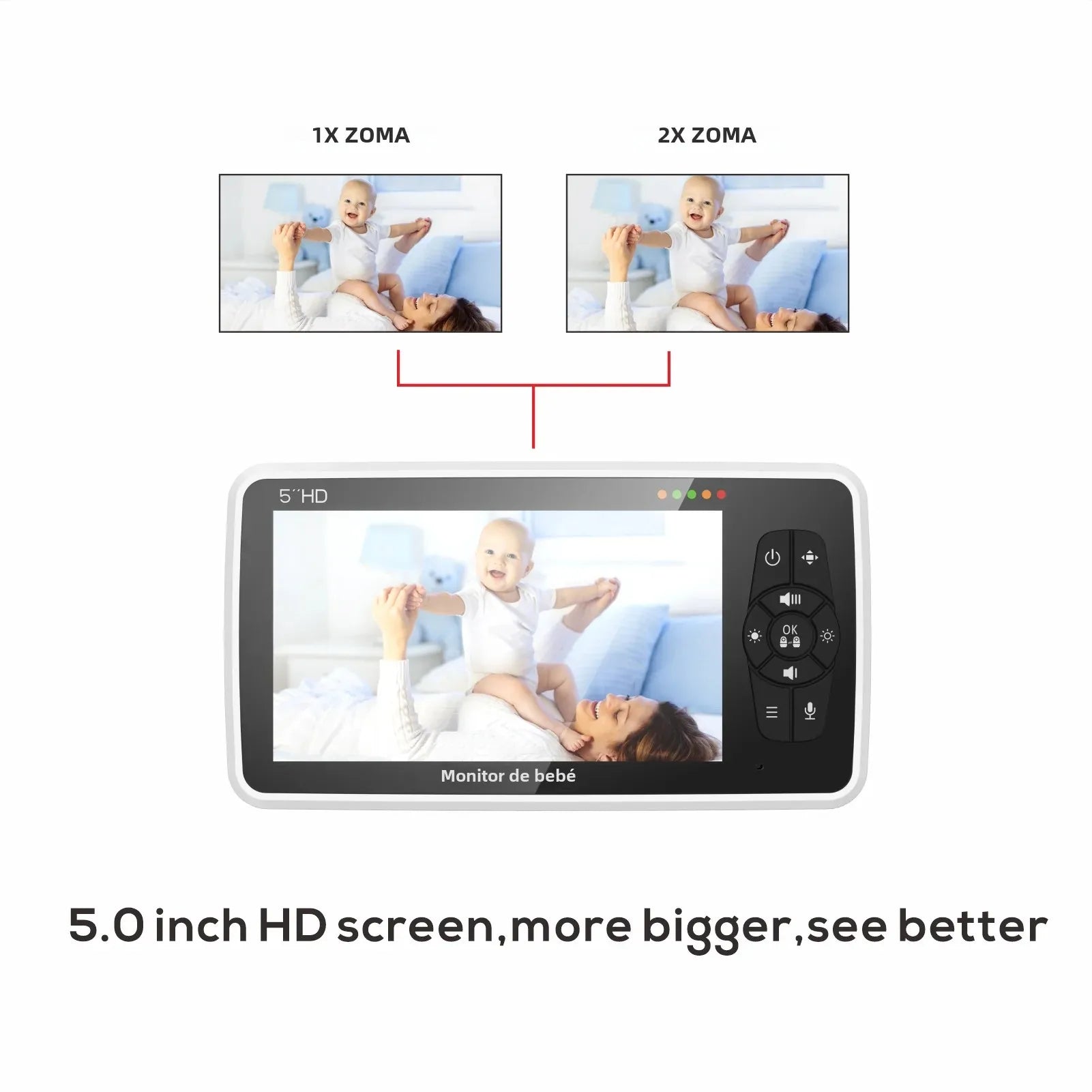 Nuevo monitor de vídeo para bebés de 5 pulgadas con cámara y audio, zoom 4x, batería de 22 horas, alcance de 300 metros (1000 pies), audio bidireccional, sensor de temperatura y nanas.