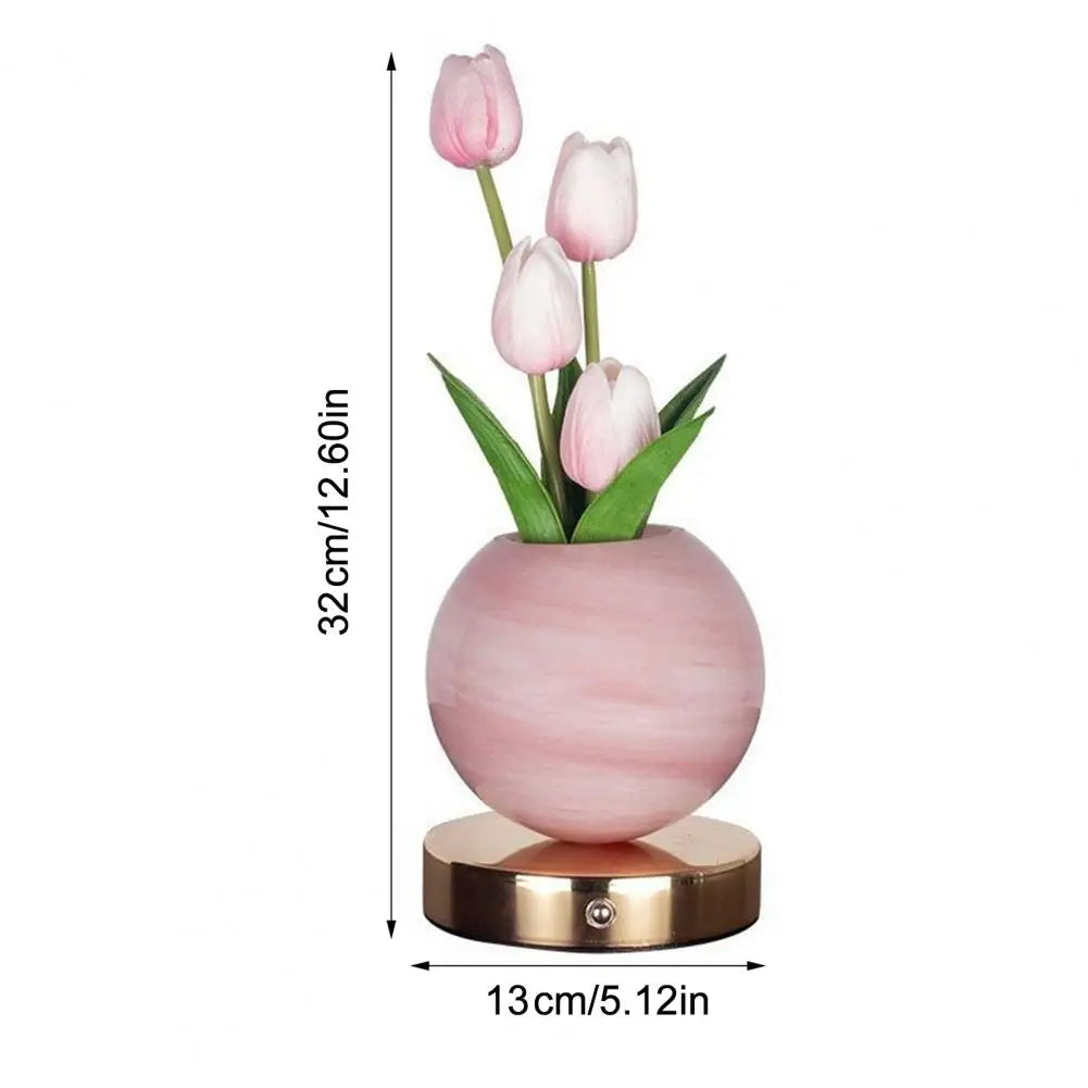 Led Table Lamp Rechargeable Desk Light Tulip Ceramic Night Light Gradient Color Artificial Flower Lamp Rechargeable for Bedroom