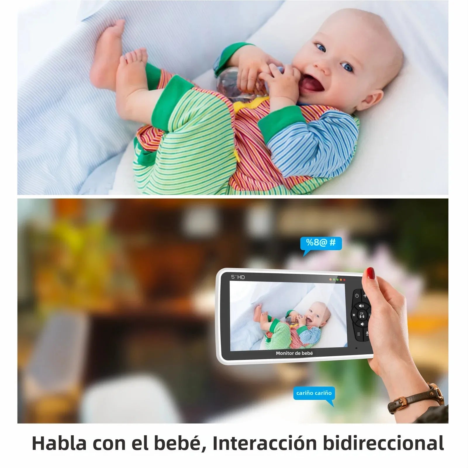Nuevo monitor de vídeo para bebés de 5 pulgadas con cámara y audio, zoom 4x, batería de 22 horas, alcance de 300 metros (1000 pies), audio bidireccional, sensor de temperatura y nanas.
